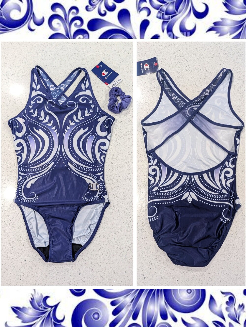 BRAND NEW Champion Gymnastics Leotard AL Adult Large Paisley + FREE Scrunchie
